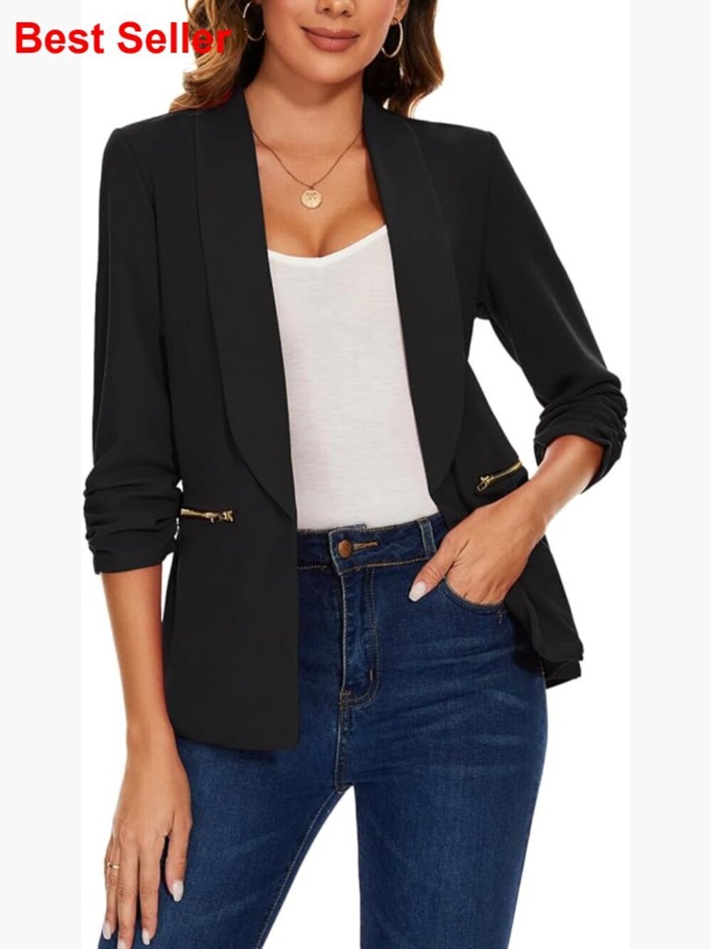 Women's Casual Blazer 3/4 Ruched Sleeve Open Front Cardigan with Zipper Pockets